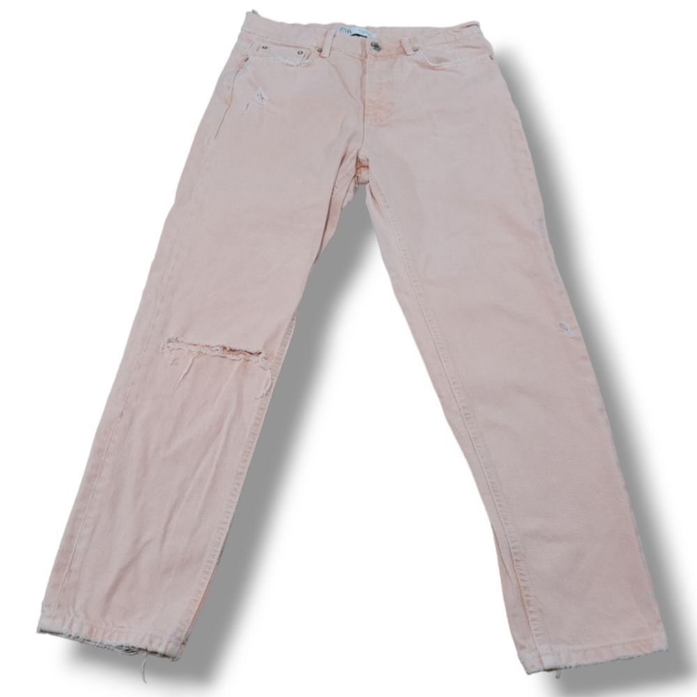 ZARA Jeans Size 31 W32"26.5" Mom Jeans High Waisted Jeans Tapered Leg Crop Peach